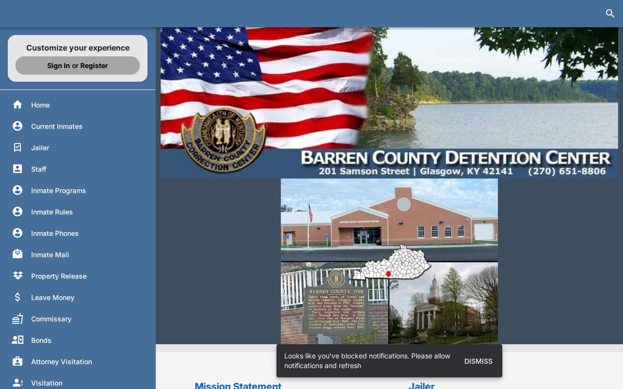 Official Barren County Detention Center website interface