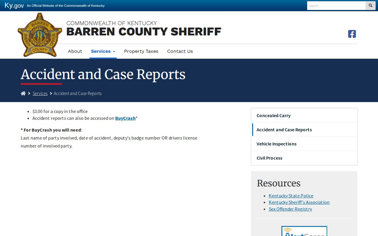 Barren County Sheriff's Office accident and case report request page