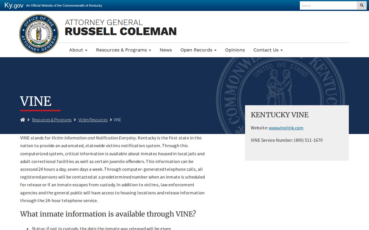 Kentucky Attorney General VINE resource describing custody status and notification service
