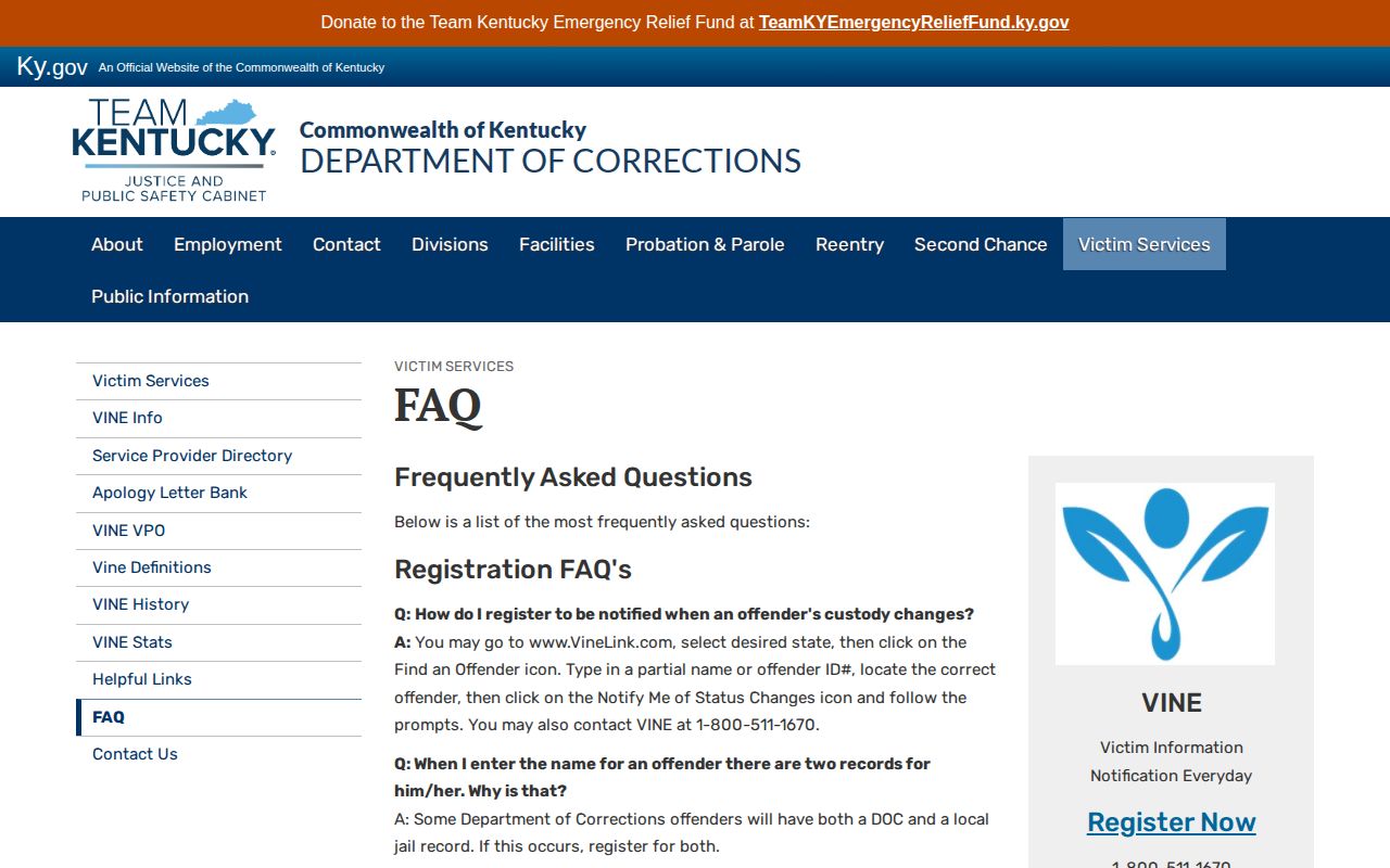 Kentucky Department of Corrections VINE instructions for searches and custody notifications