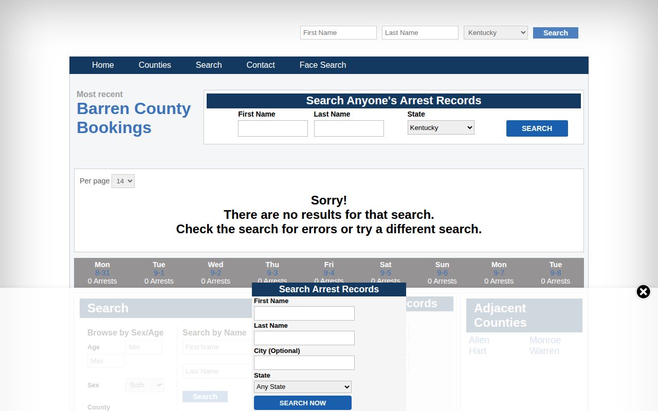 Unofficial Kentucky Arrests Barren County archive and search controls